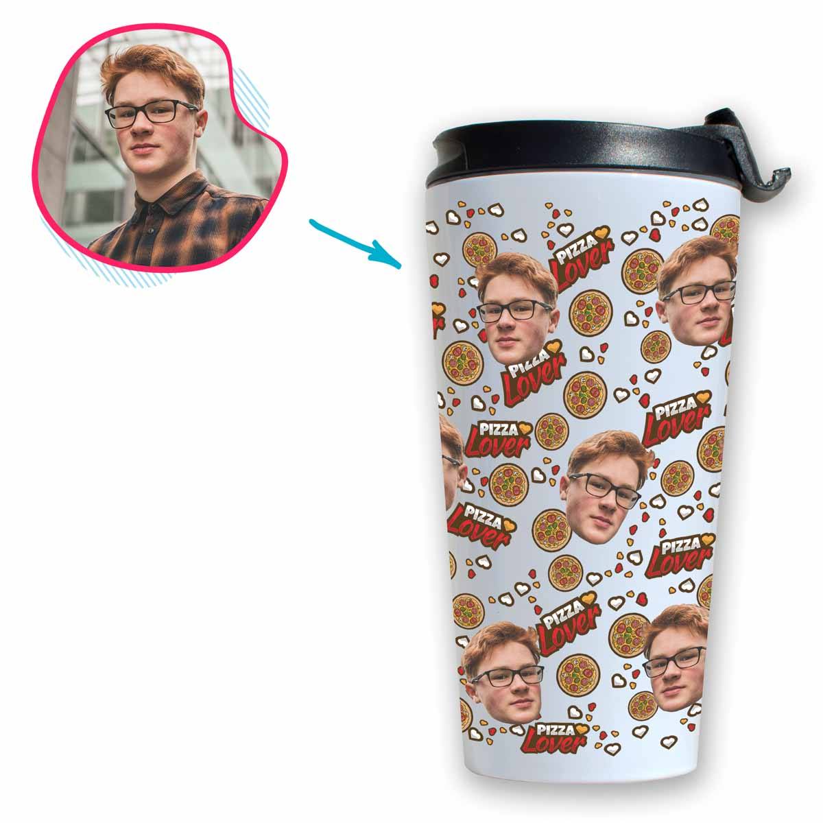 white Pizza Lover travel mug personalized with photo of face printed on it