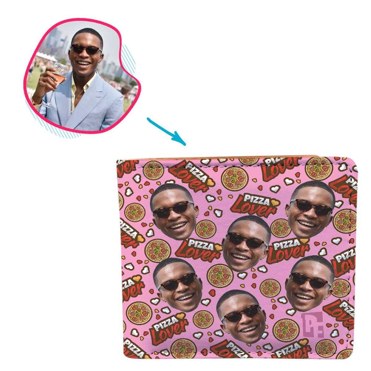 pink Pizza Lover wallet personalized with photo of face printed on it