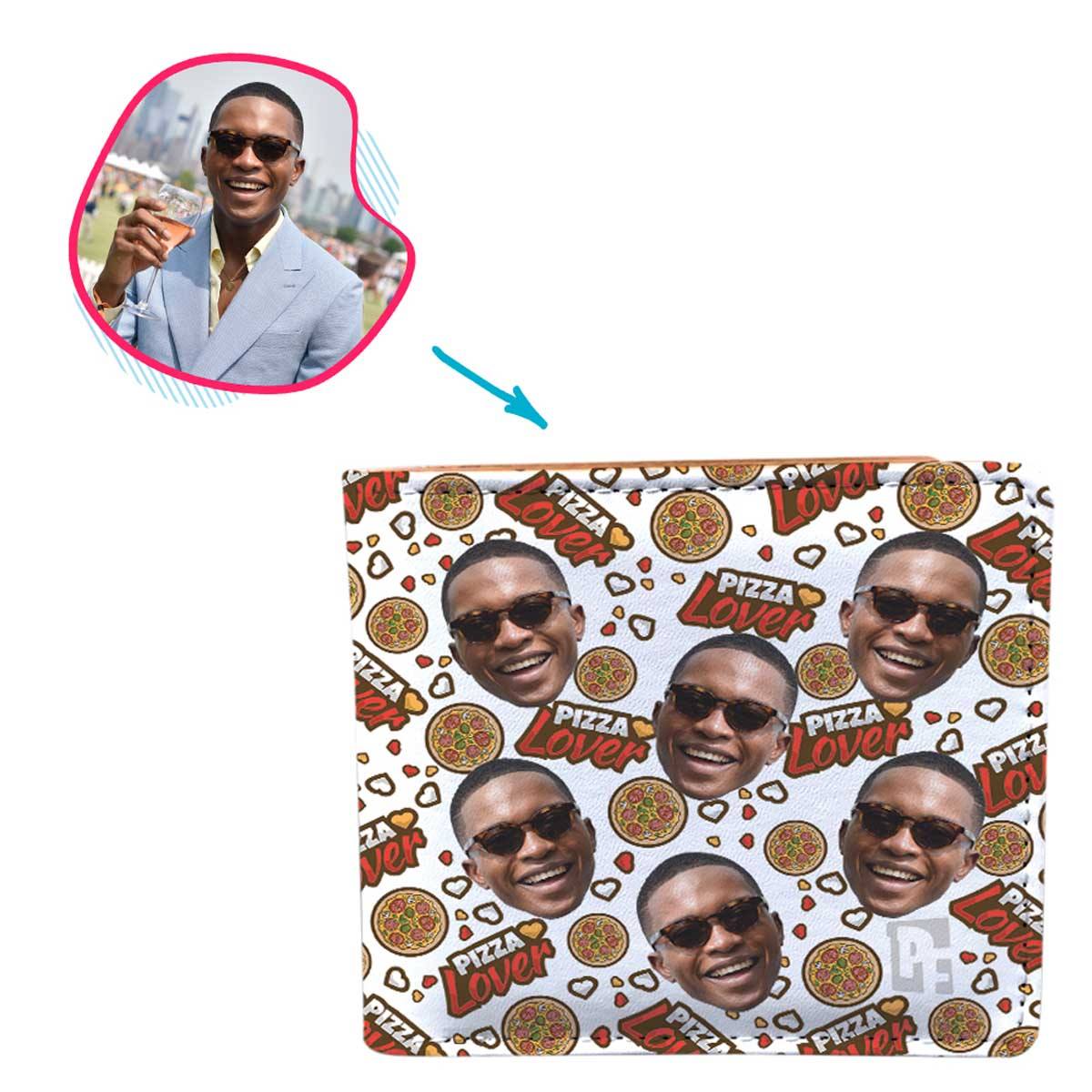 white Pizza Lover wallet personalized with photo of face printed on it