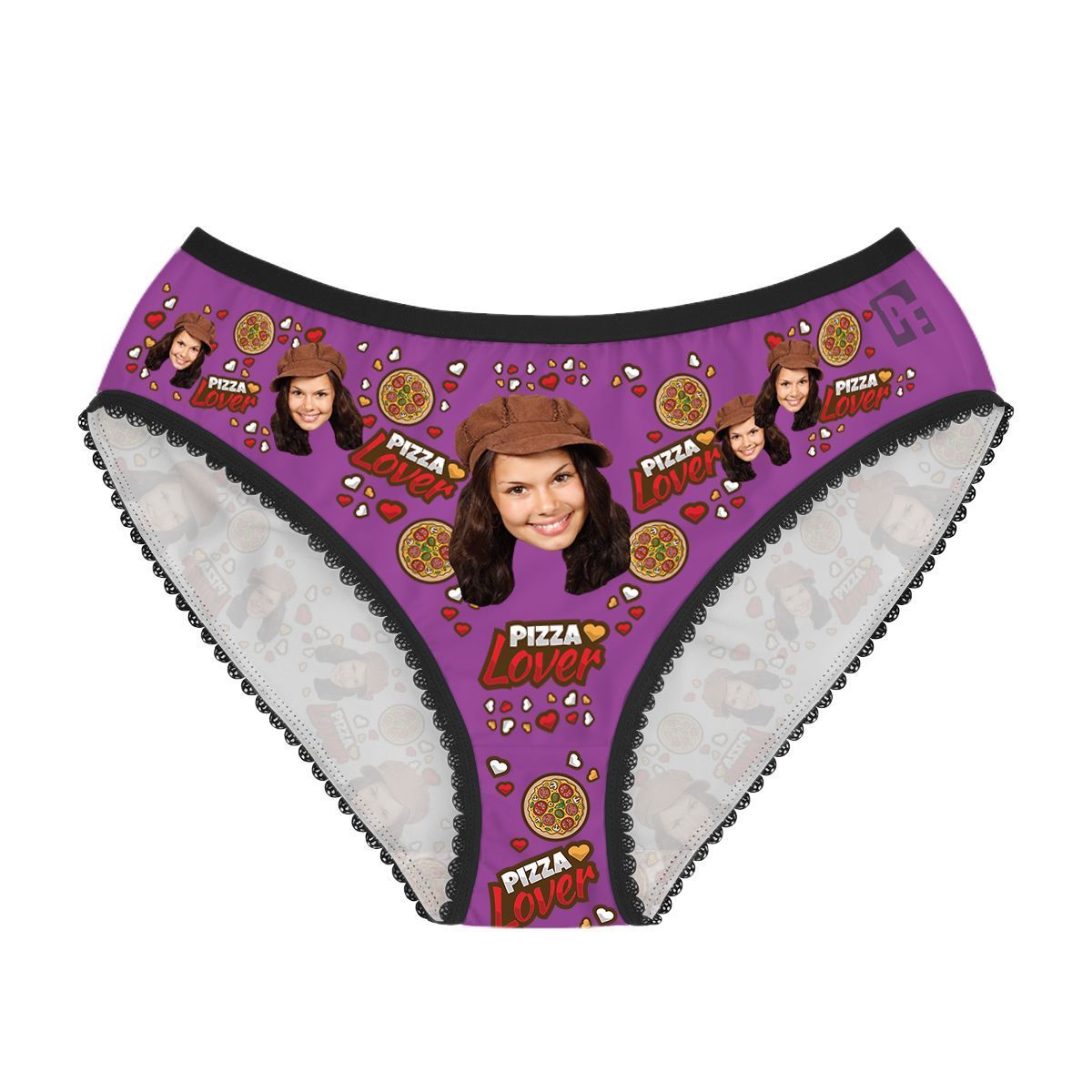 Purple Pizza Lover women's underwear briefs personalized with photo printed on them
