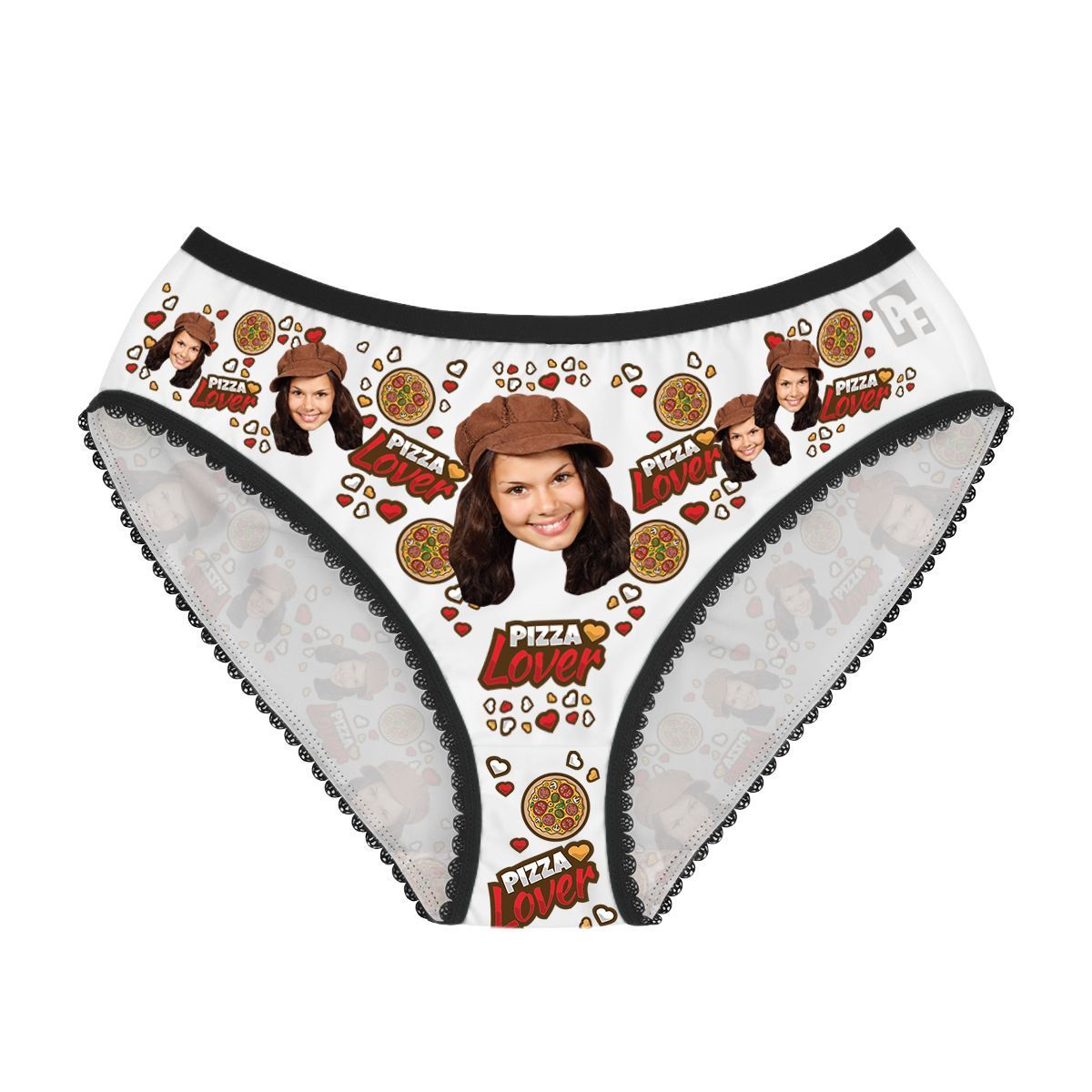 White Pizza Lover women's underwear briefs personalized with photo printed on them