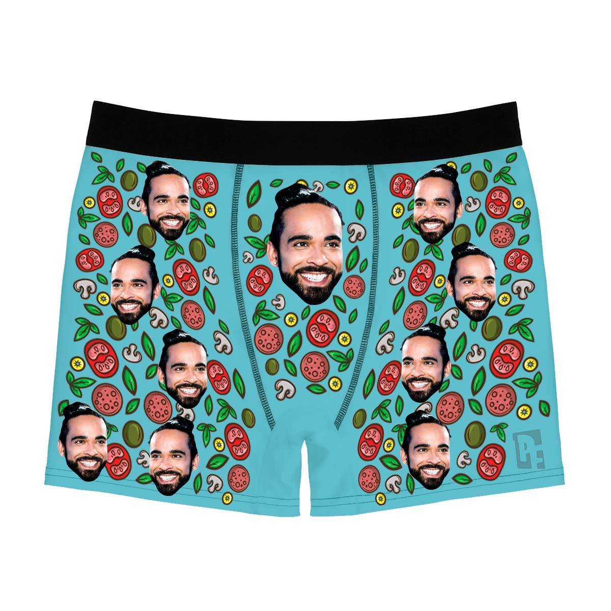 Blue Pizza men's boxer briefs personalized with photo printed on them