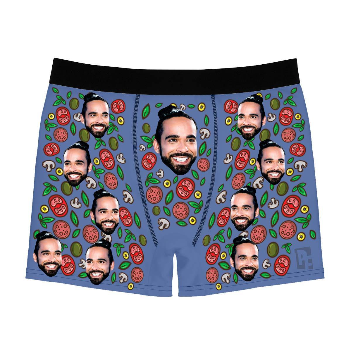 Darkblue Pizza men's boxer briefs personalized with photo printed on them