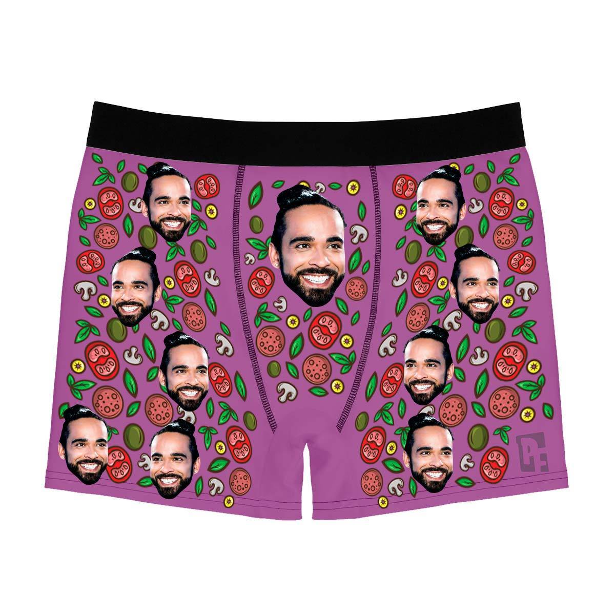 Purple Pizza men's boxer briefs personalized with photo printed on them