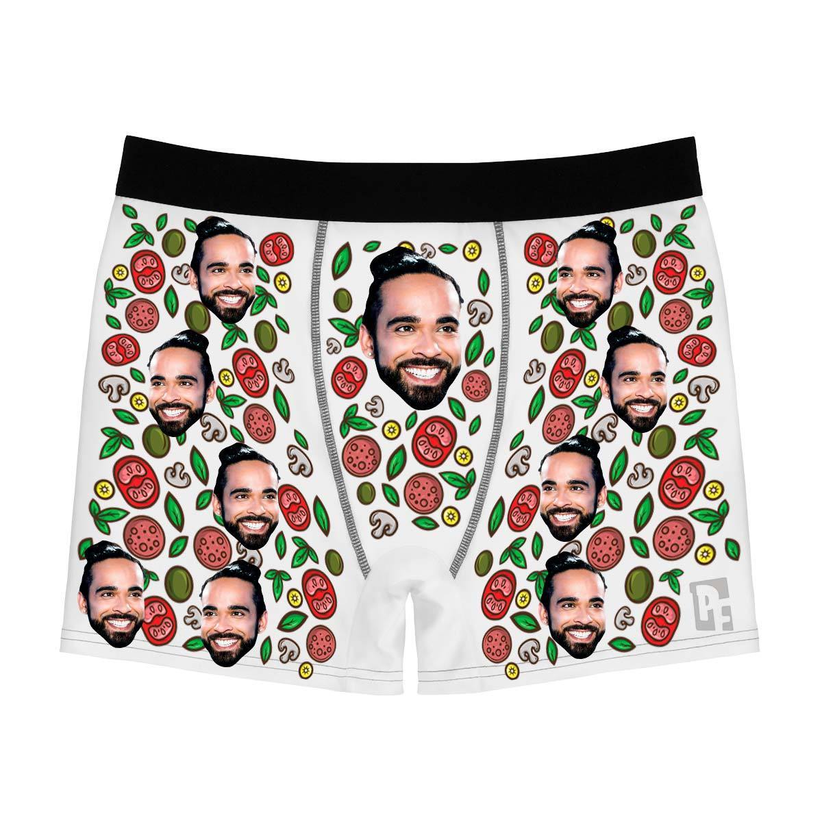 White Pizza men's boxer briefs personalized with photo printed on them