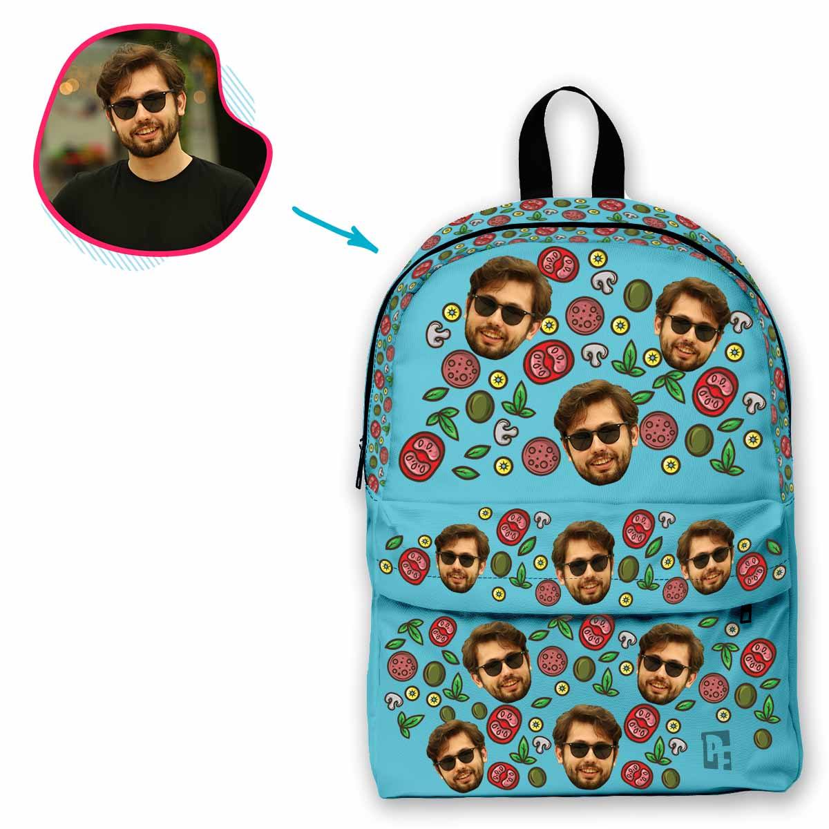 blue Pizza classic backpack personalized with photo of face printed on it