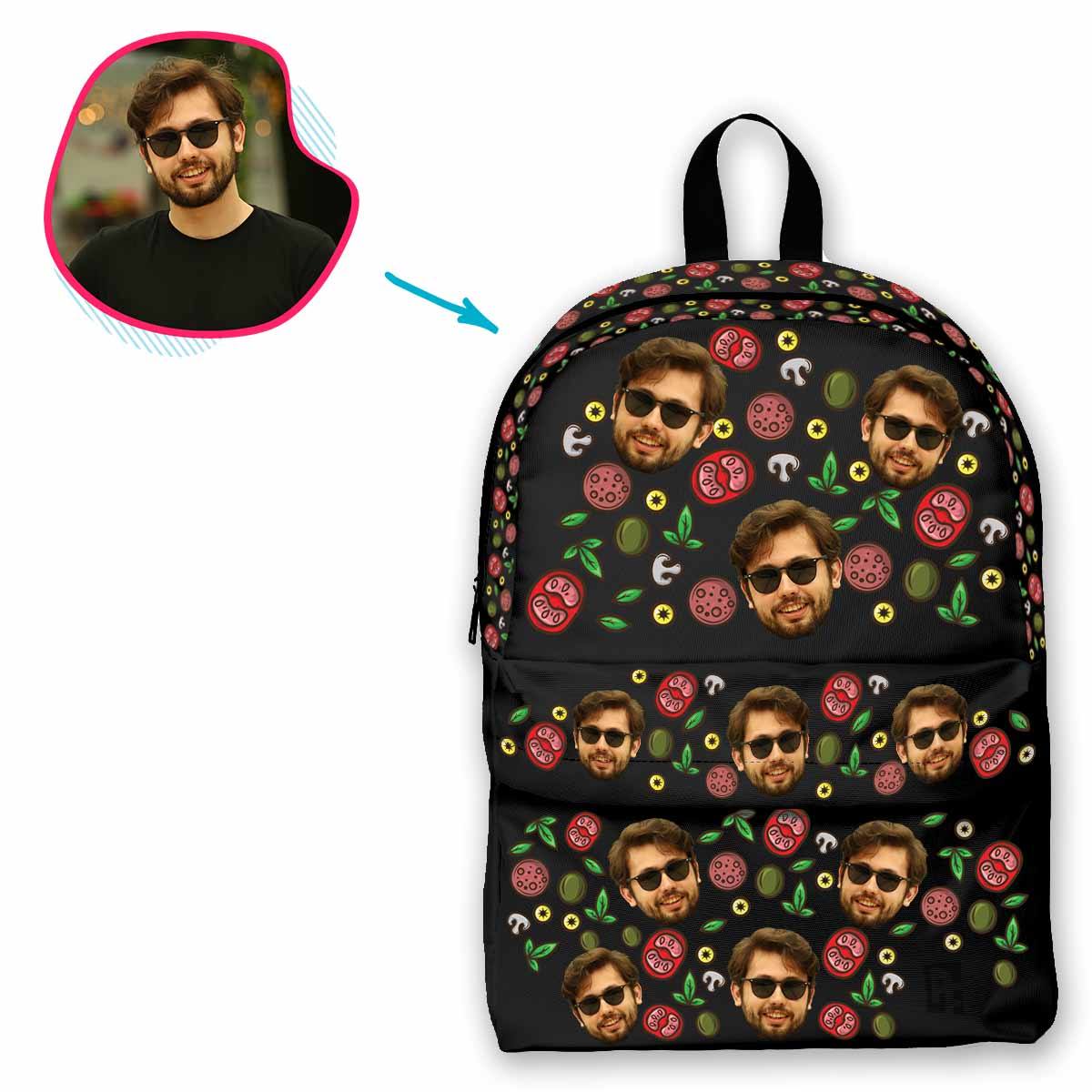 dark Pizza classic backpack personalized with photo of face printed on it