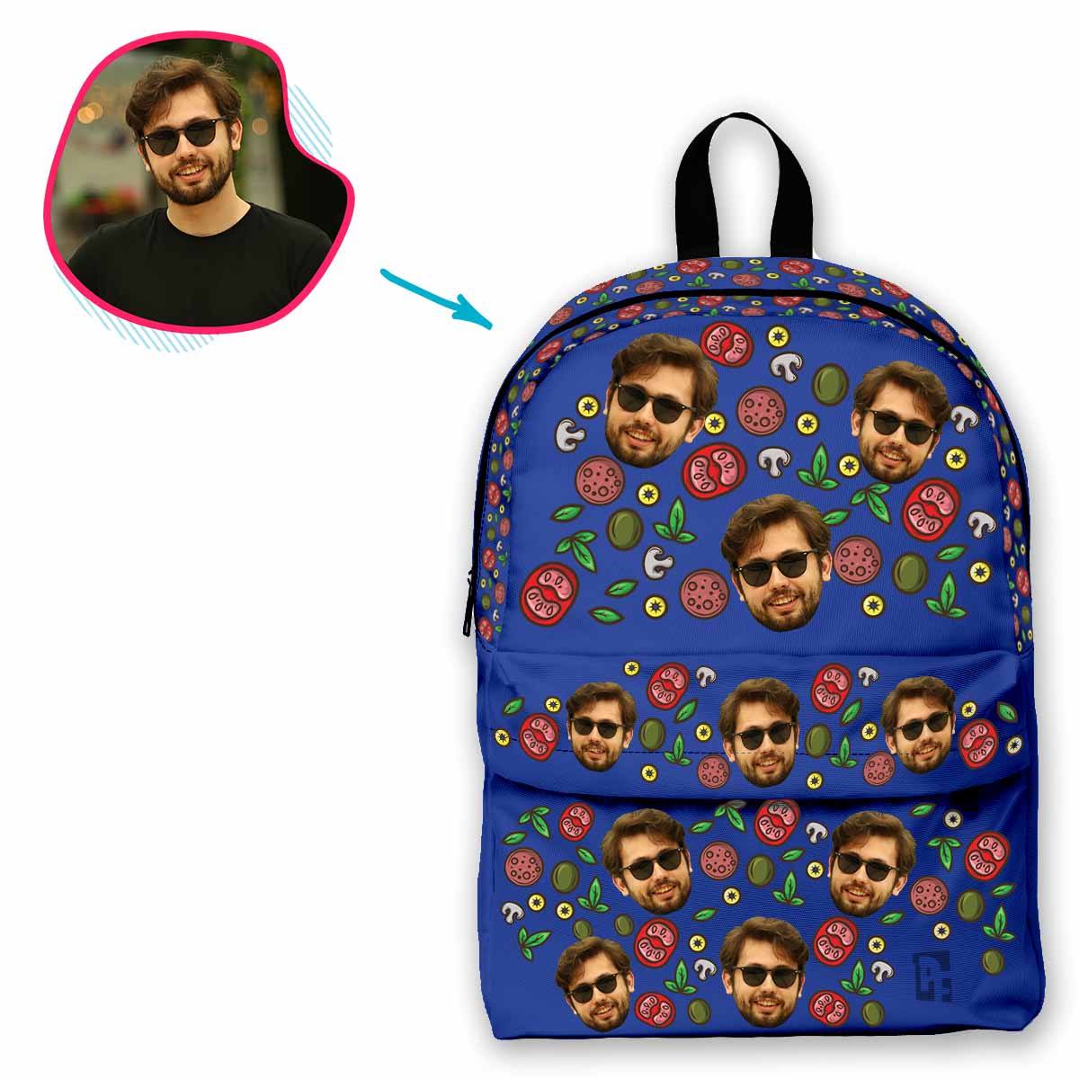 darkblue Pizza classic backpack personalized with photo of face printed on it