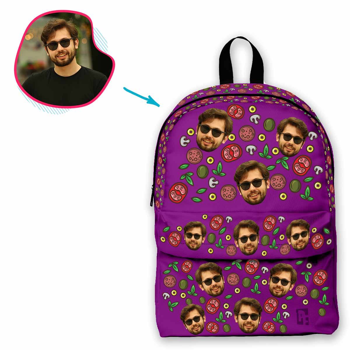 purple Pizza classic backpack personalized with photo of face printed on it