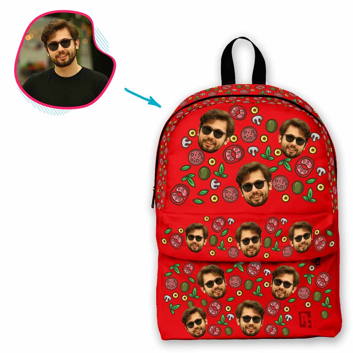red Pizza classic backpack personalized with photo of face printed on it