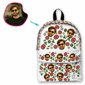 white Pizza classic backpack personalized with photo of face printed on it