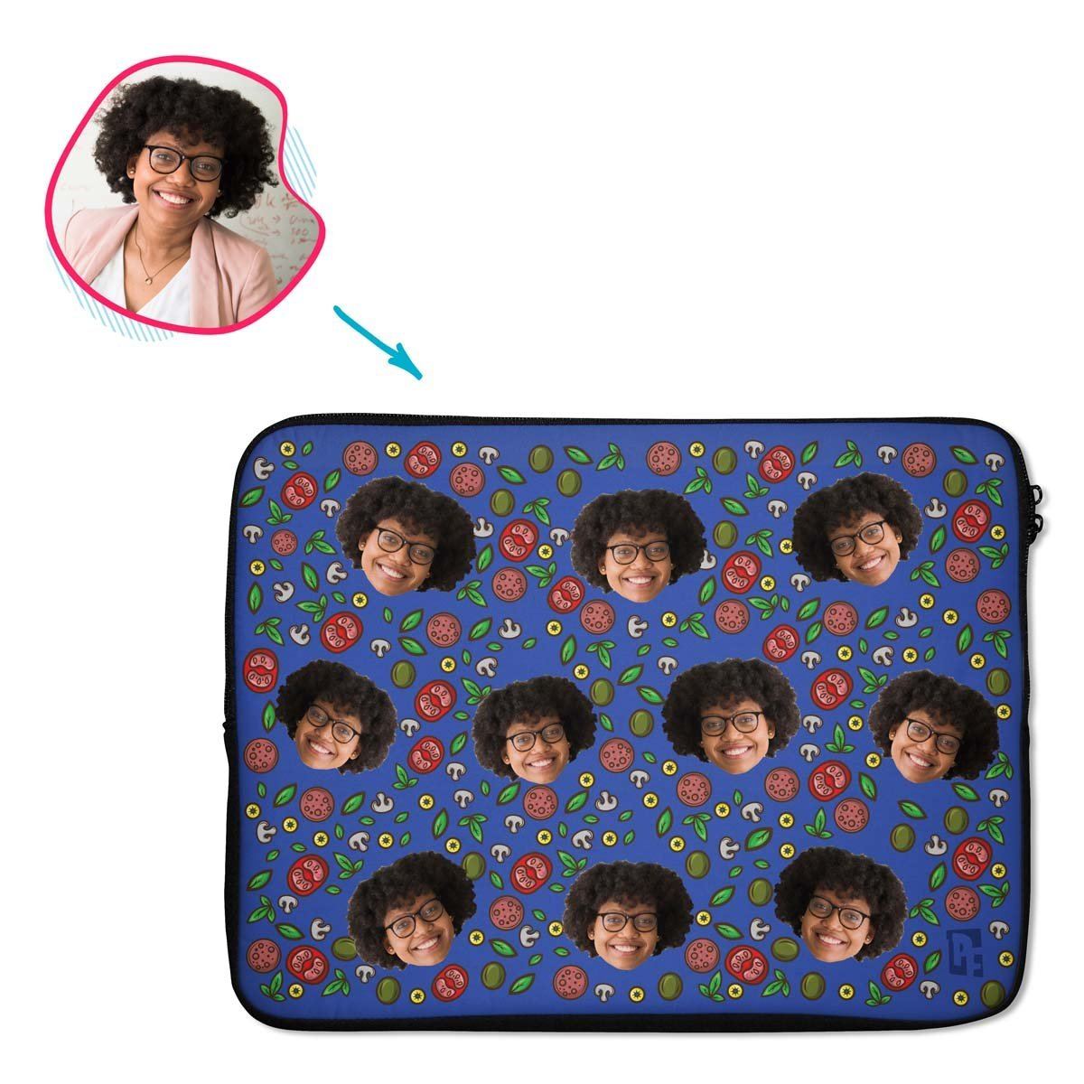 darkblue Pizza laptop sleeve personalized with photo of face printed on them