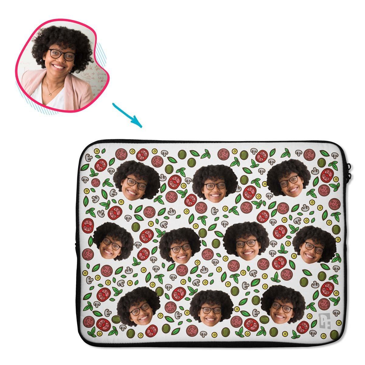 white Pizza laptop sleeve personalized with photo of face printed on them