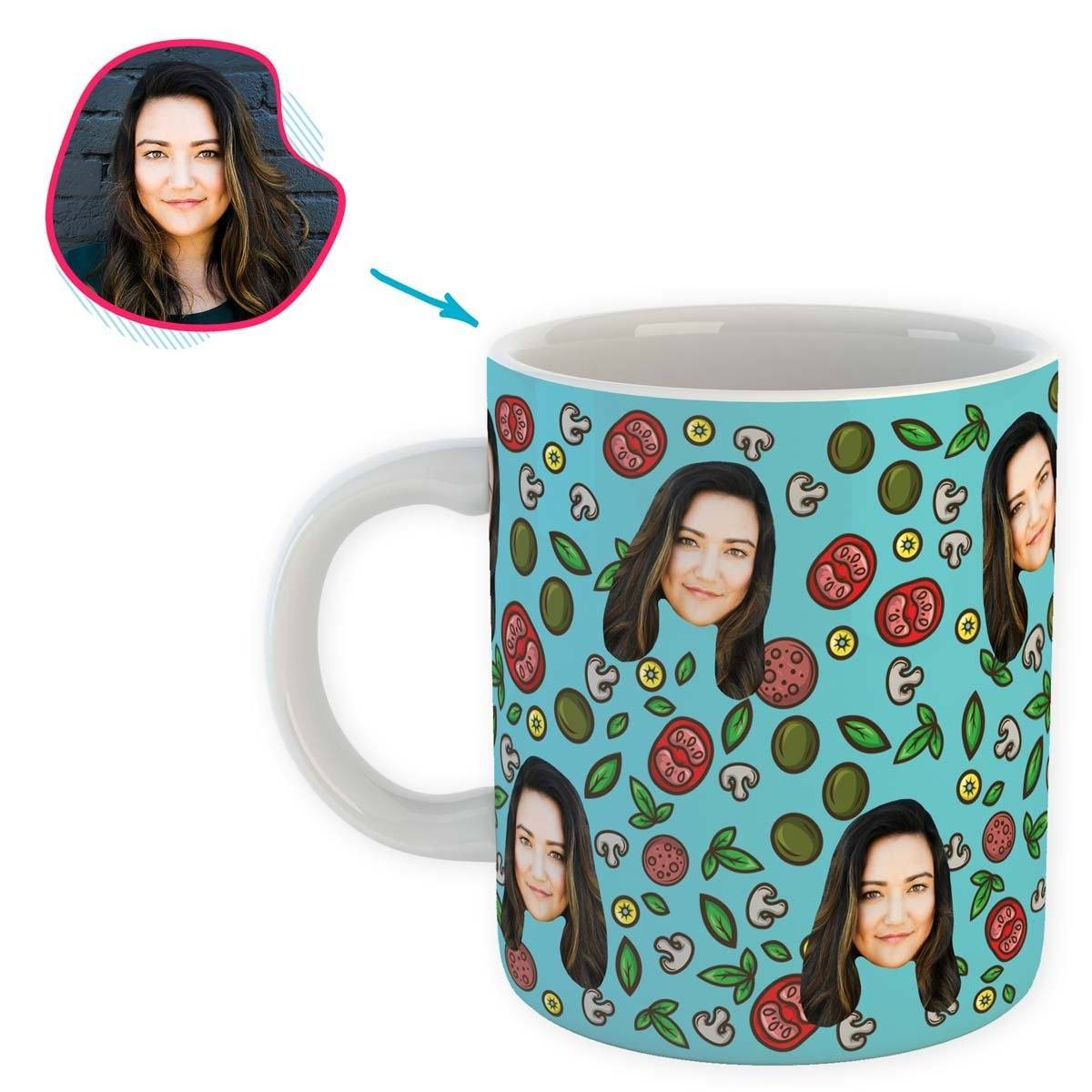 blue Pizza mug personalized with photo of face printed on it