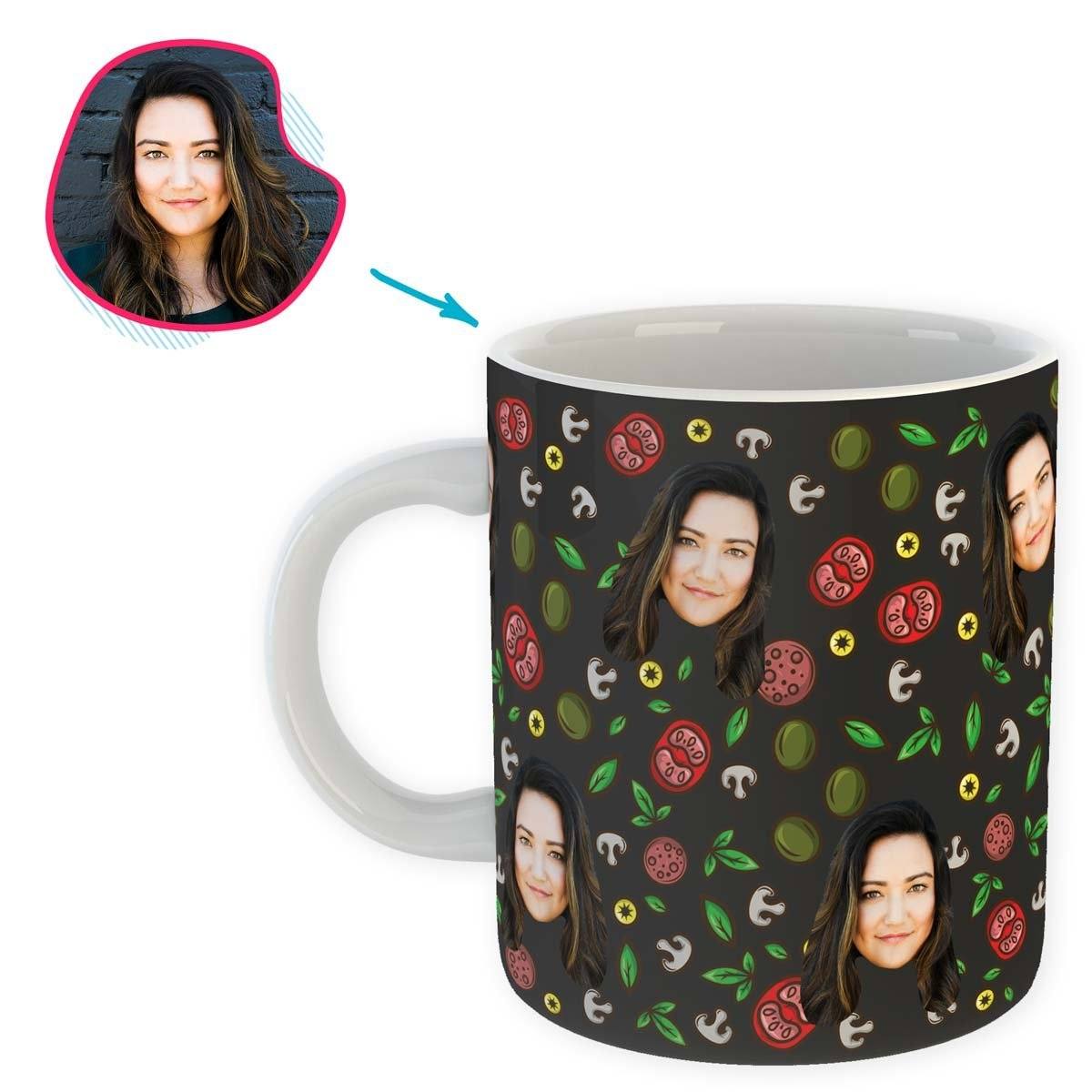 dark Pizza mug personalized with photo of face printed on it