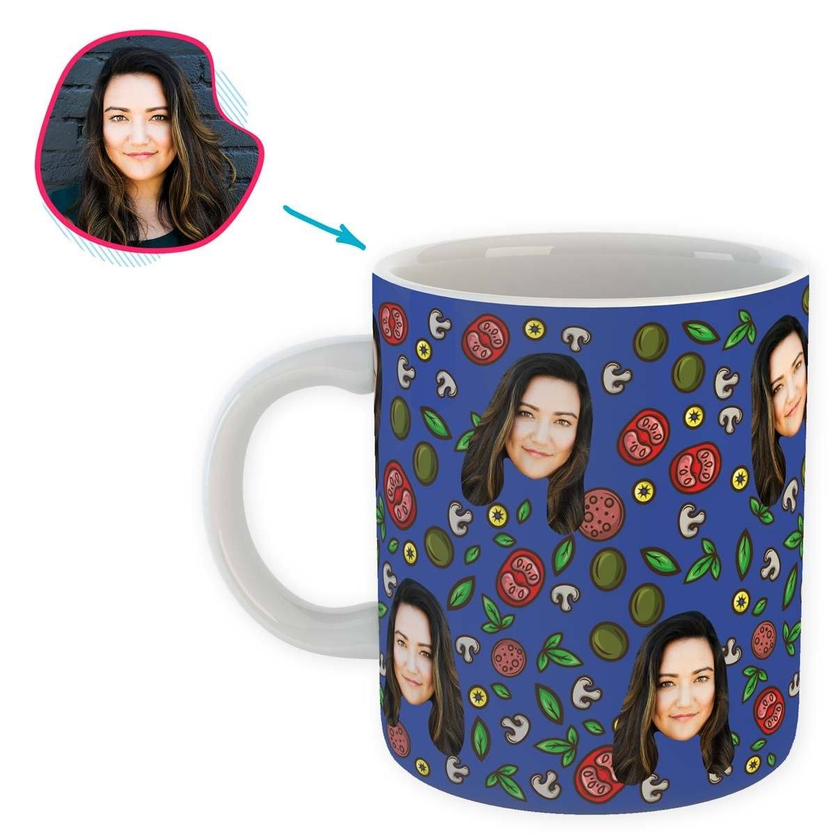 darkblue Pizza mug personalized with photo of face printed on it