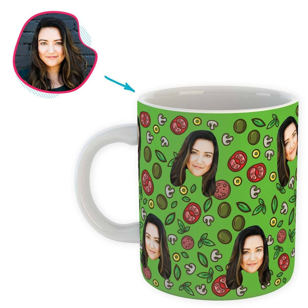 green Pizza mug personalized with photo of face printed on it