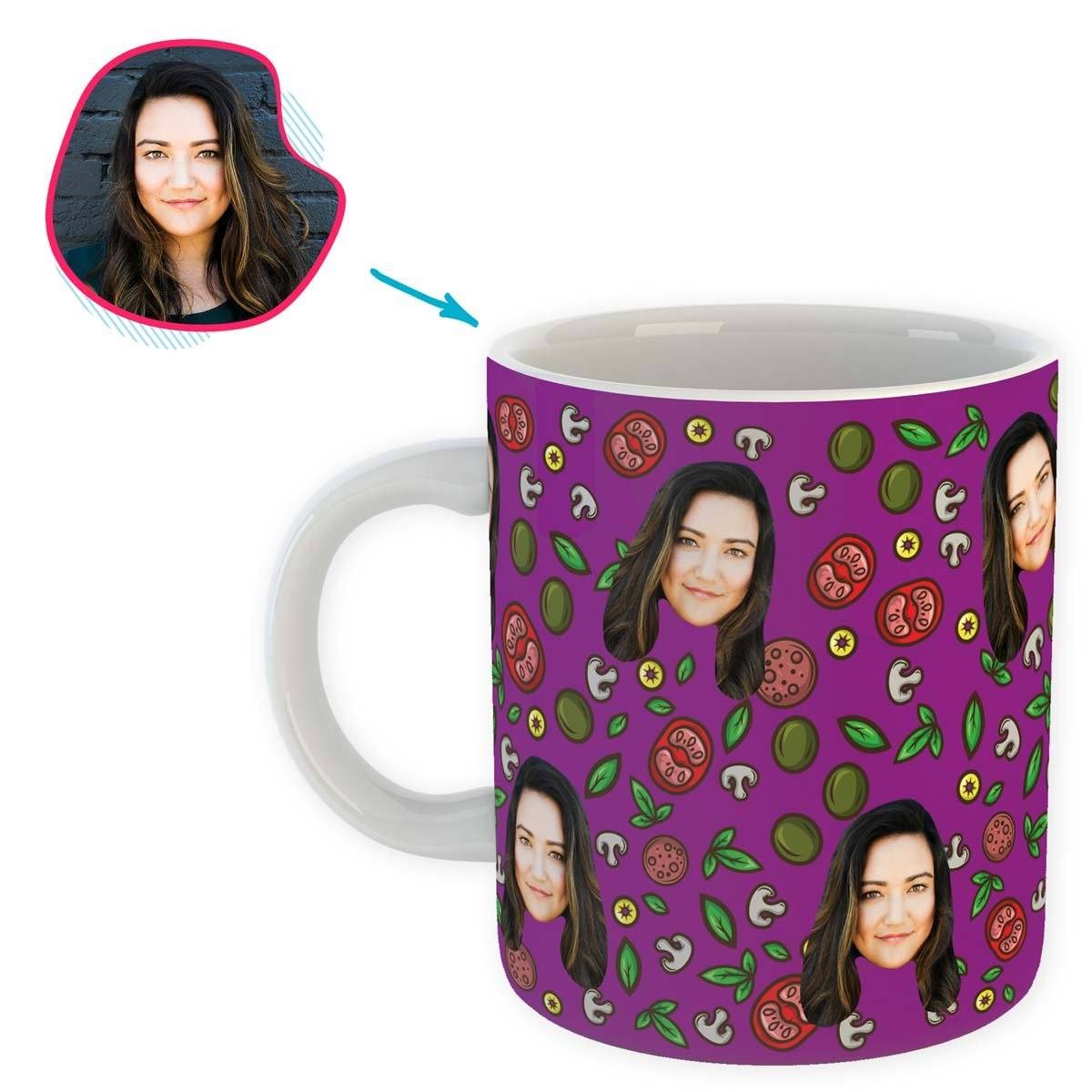 purple Pizza mug personalized with photo of face printed on it