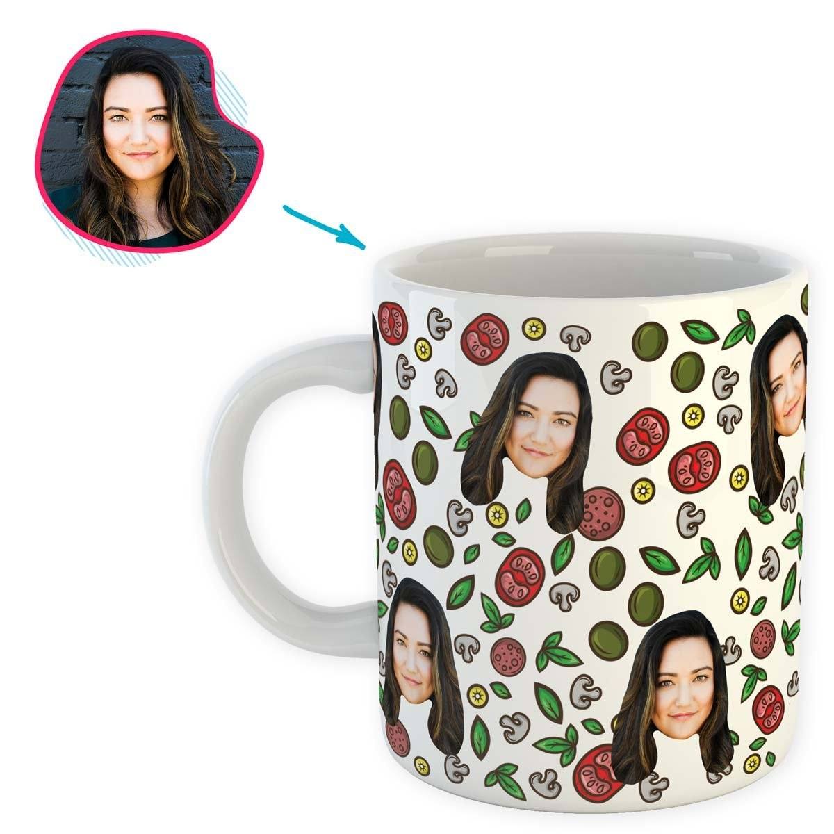 white Pizza mug personalized with photo of face printed on it