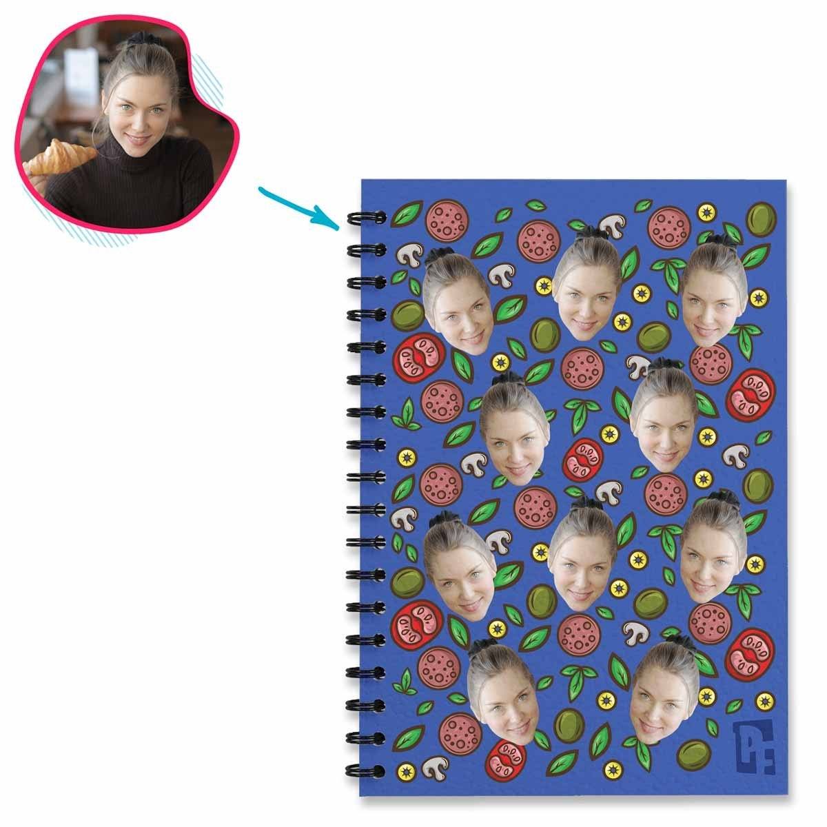 darkblue Pizza Notebook personalized with photo of face printed on them