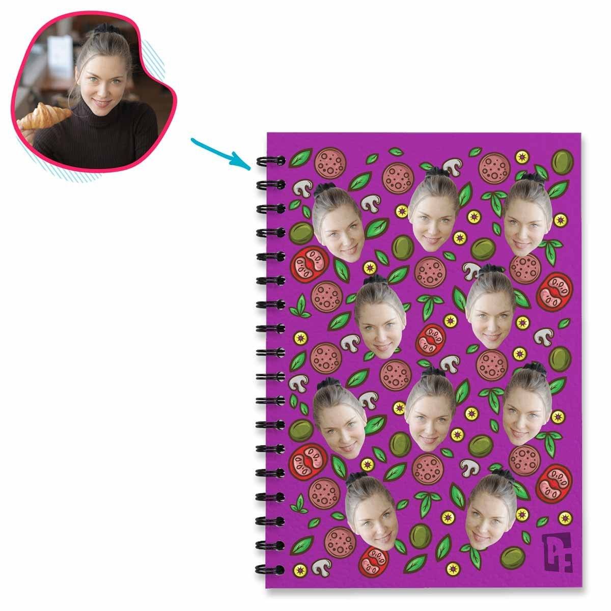 purple Pizza Notebook personalized with photo of face printed on them