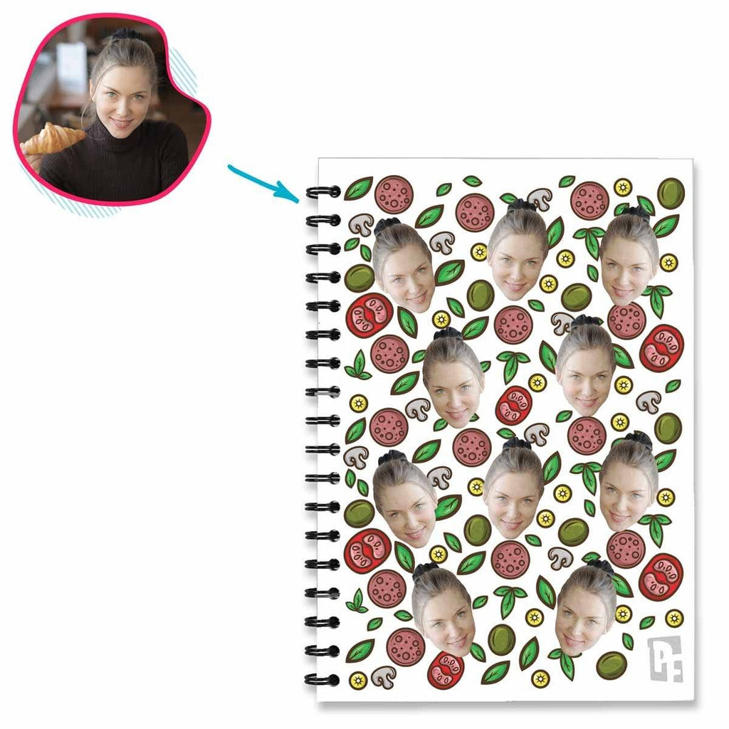 white Pizza Notebook personalized with photo of face printed on them
