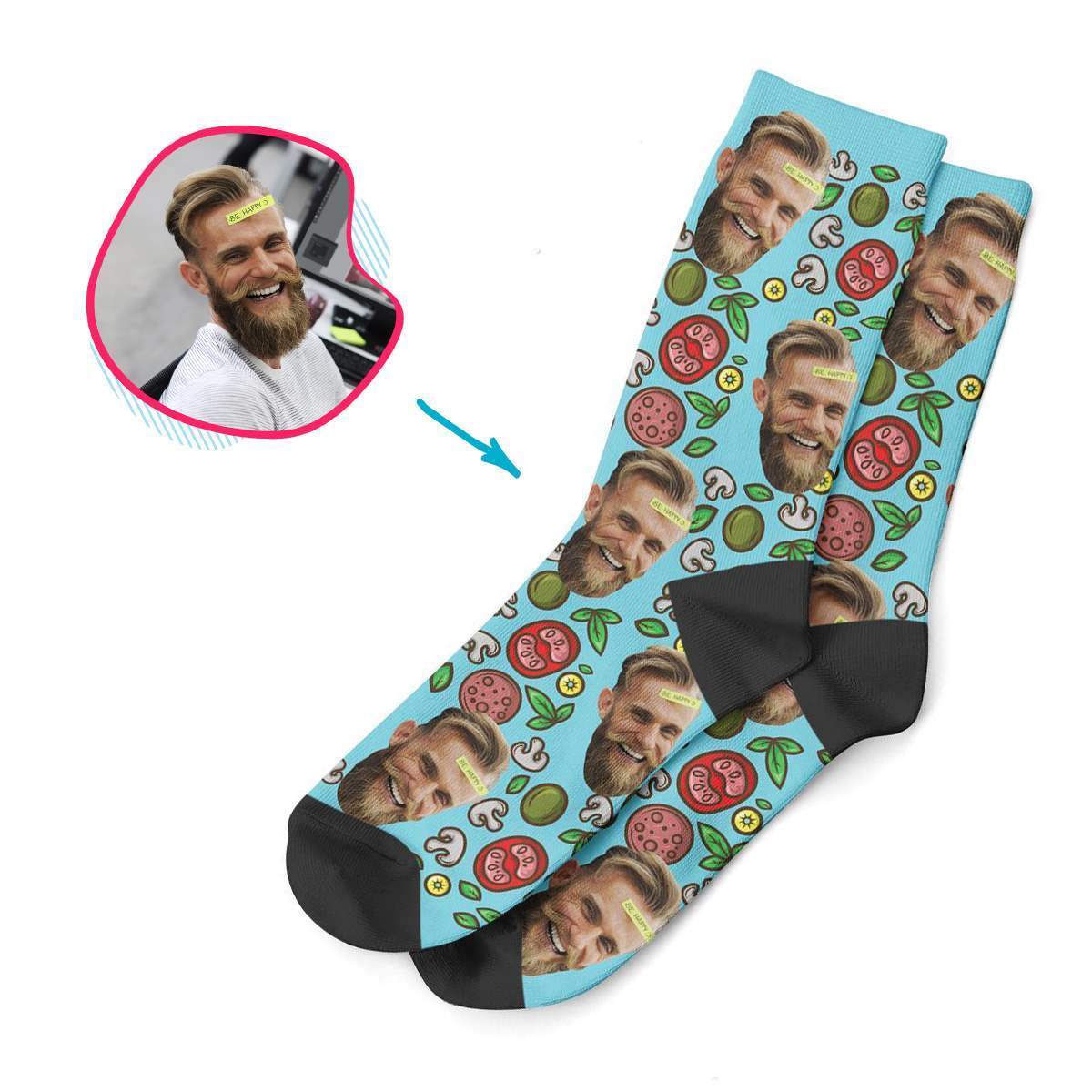 blue Pizza socks personalized with photo of face printed on them