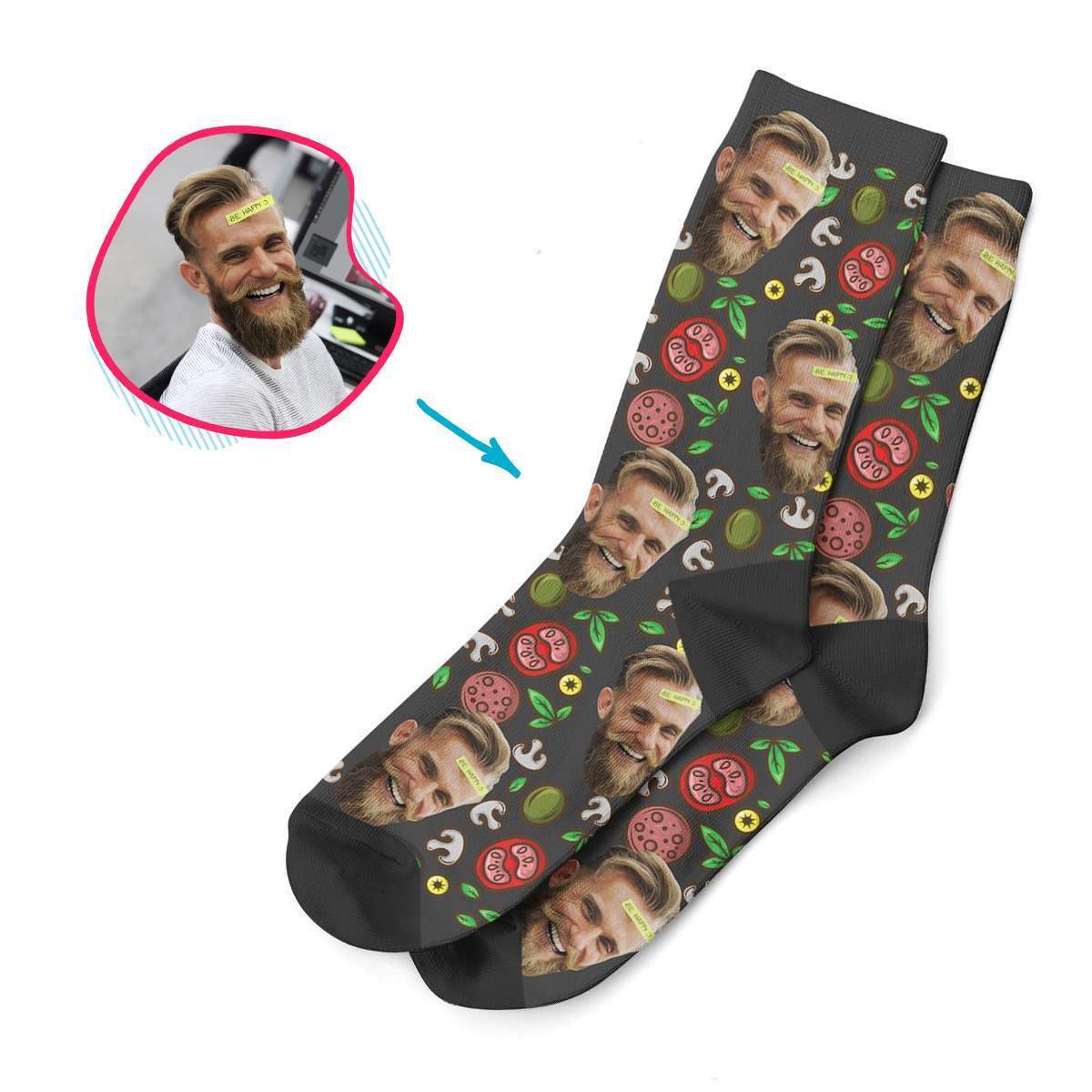 dark Pizza socks personalized with photo of face printed on them