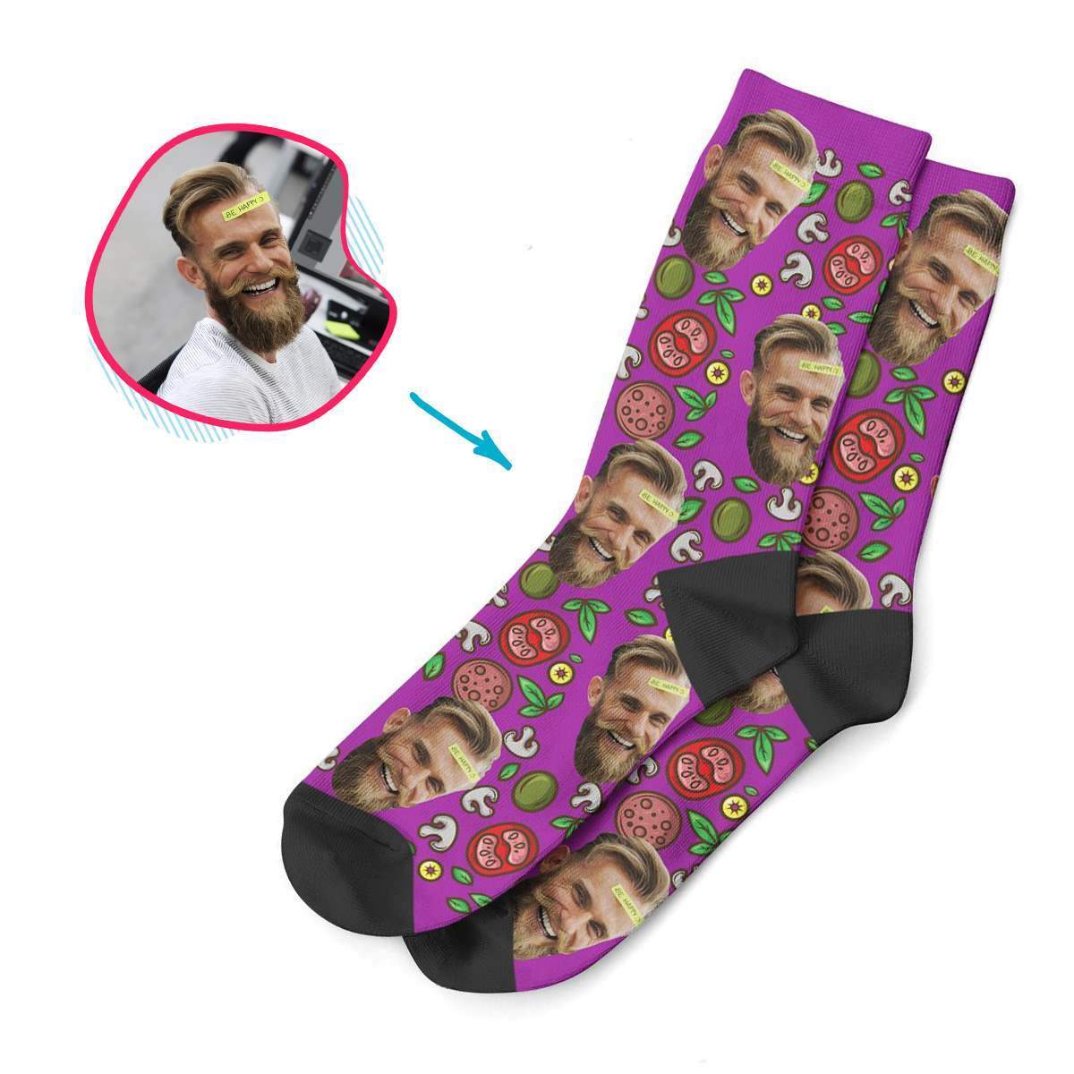 purple Pizza socks personalized with photo of face printed on them