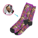Load image into Gallery viewer, purple Pizza socks personalized with photo of face printed on them
