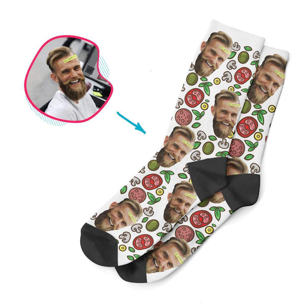 white Pizza socks personalized with photo of face printed on them