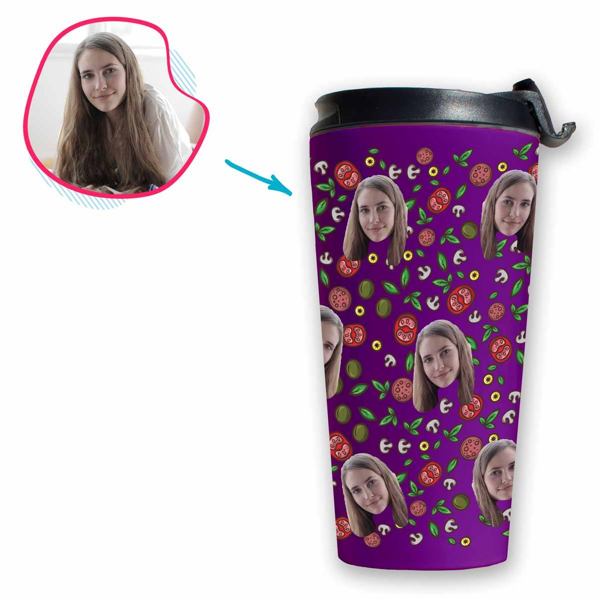 purple Pizza travel mug personalized with photo of face printed on it