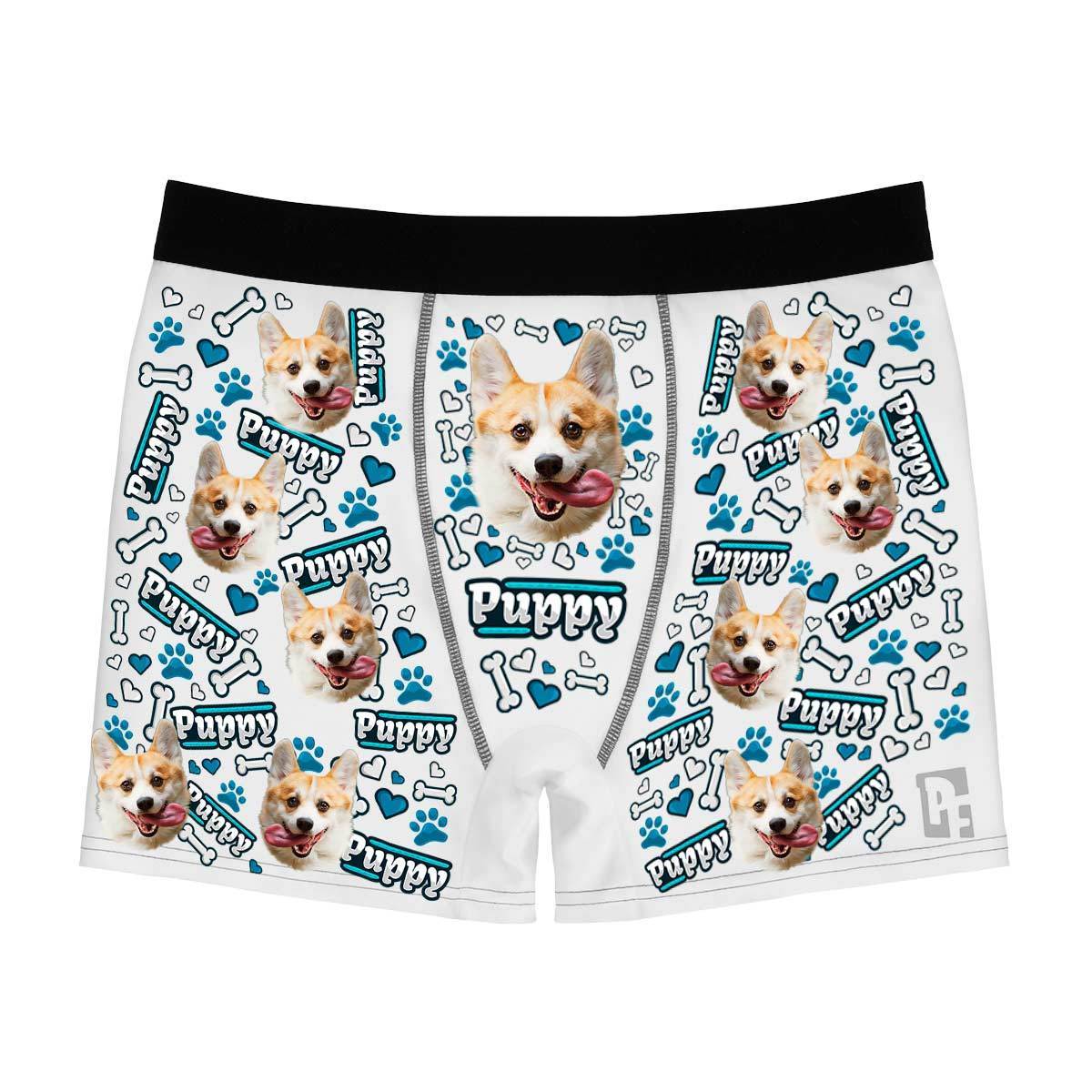 White Puppy men's boxer briefs personalized with photo printed on them