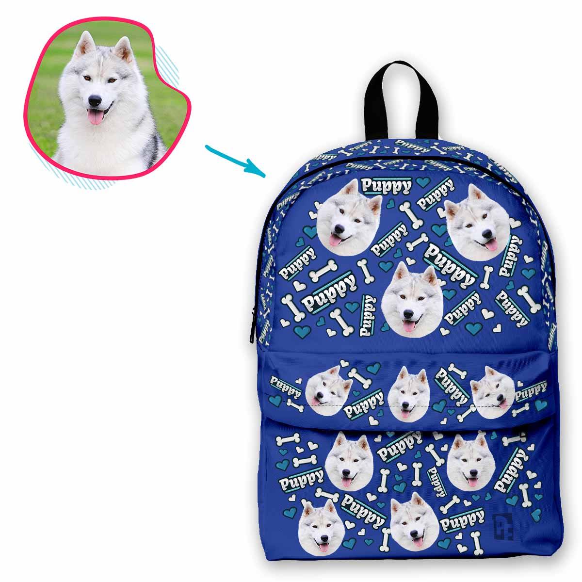 darkblue Puppy classic backpack personalized with photo of face printed on it