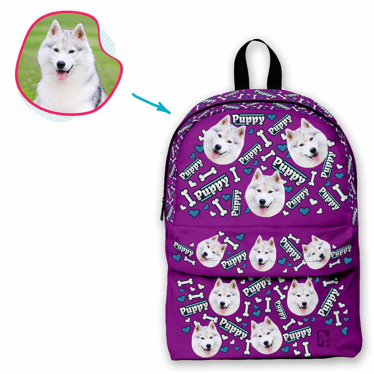 purple Puppy classic backpack personalized with photo of face printed on it