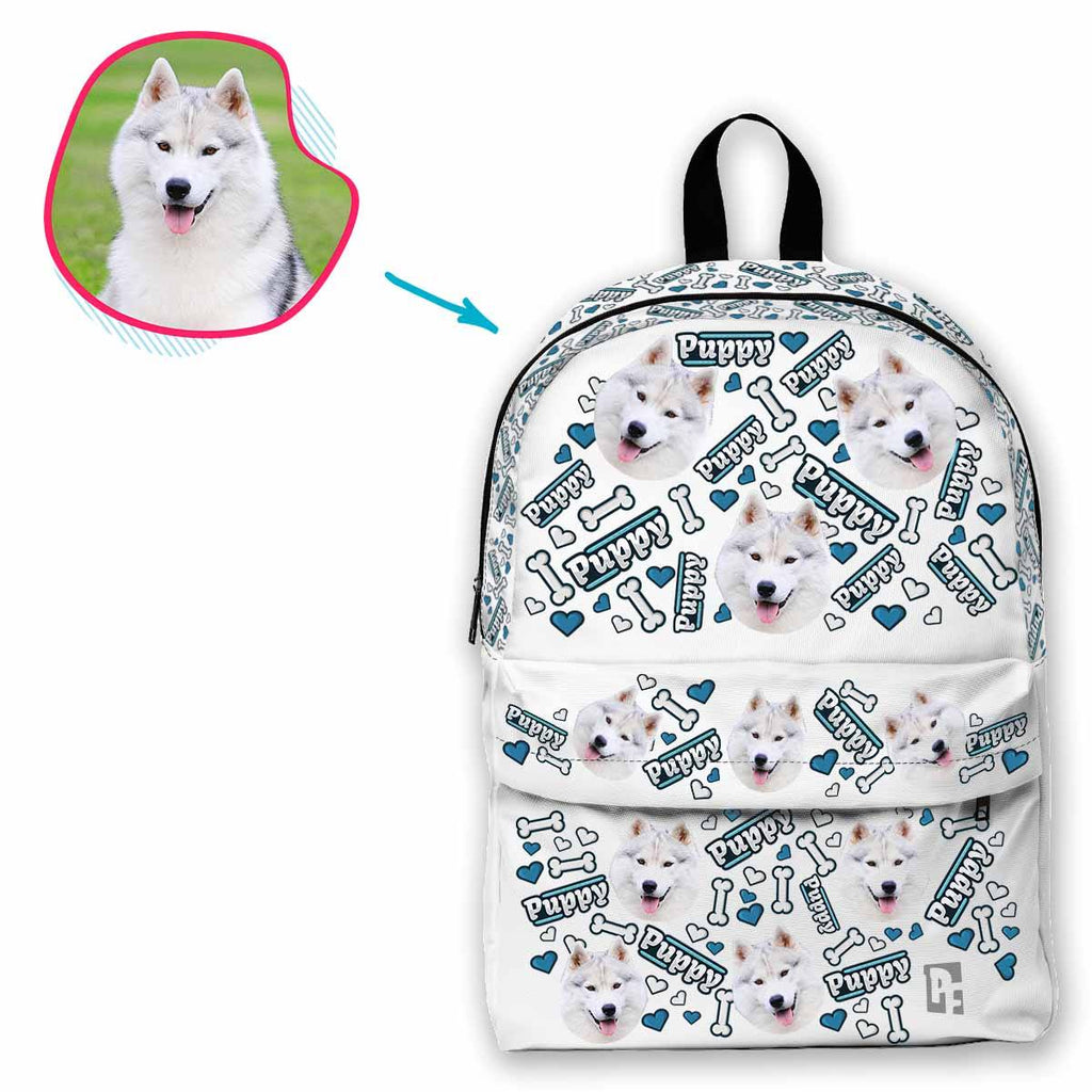 white Puppy classic backpack personalized with photo of face printed on it