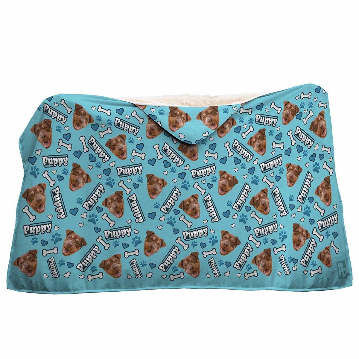 blue Puppy hooded blanket personalized with photo of face printed on it