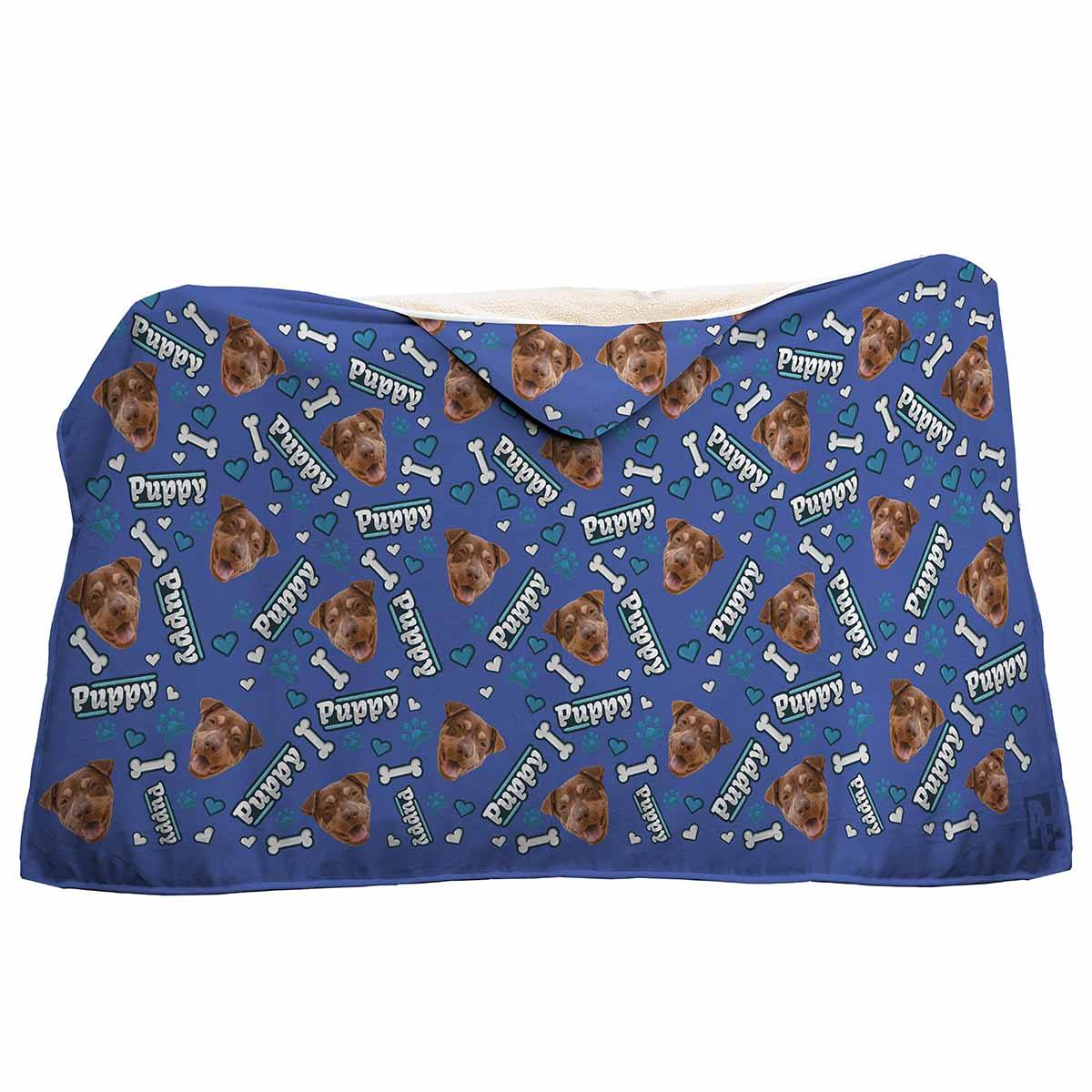darkblue Puppy hooded blanket personalized with photo of face printed on it