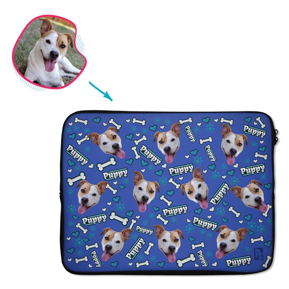 darkblue Puppy laptop sleeve personalized with photo of face printed on them