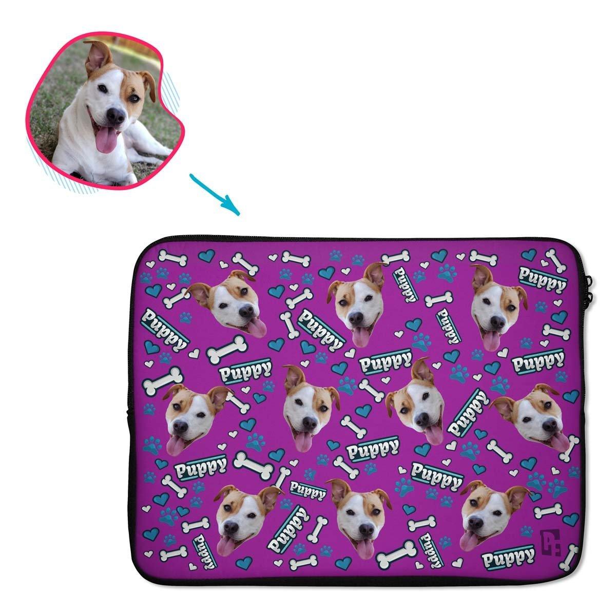 purple Puppy laptop sleeve personalized with photo of face printed on them