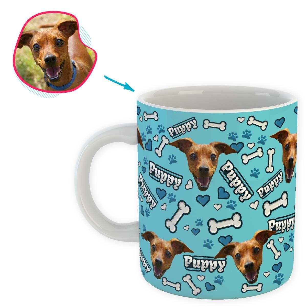 blue Puppy mug personalized with photo of face printed on it