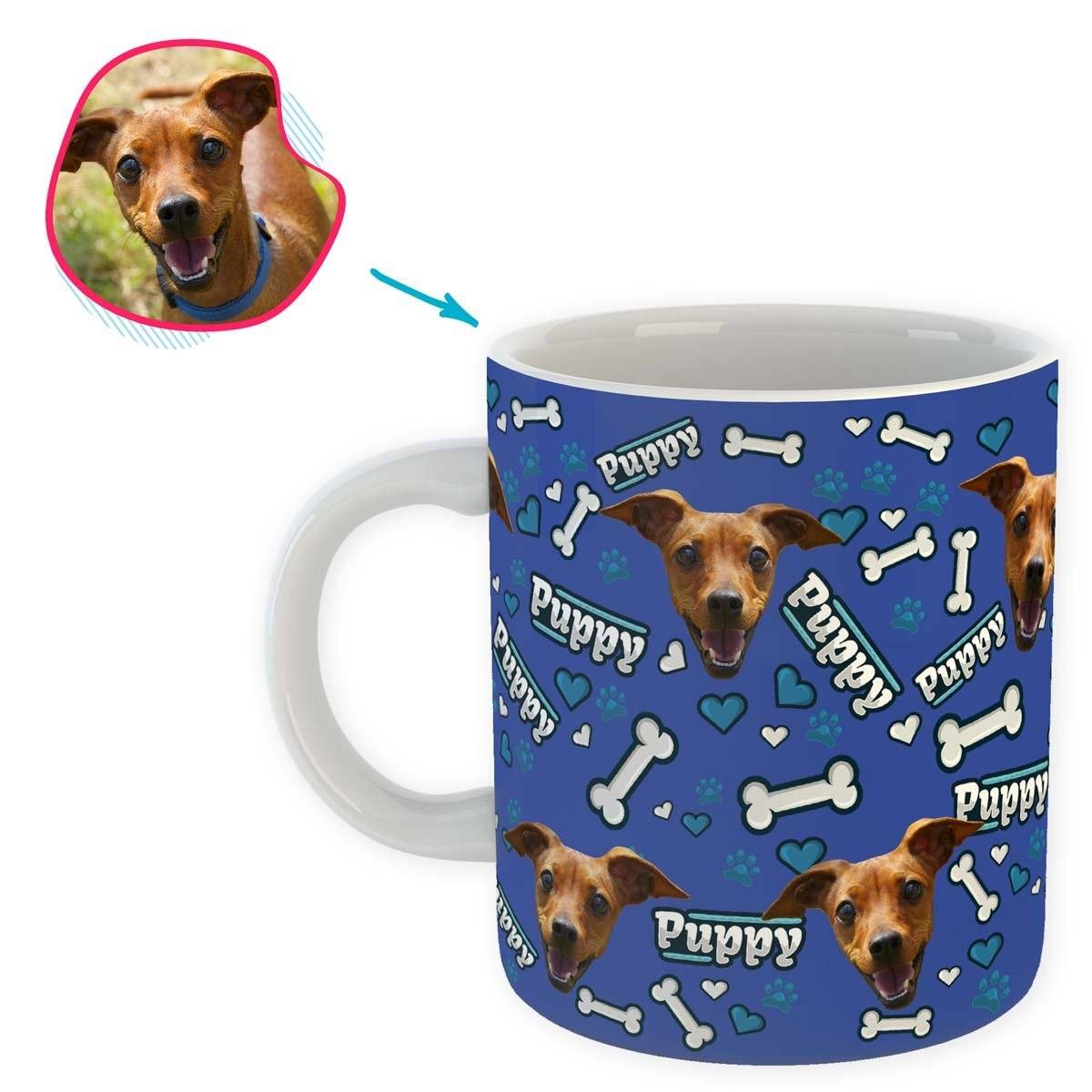 darkblue Puppy mug personalized with photo of face printed on it