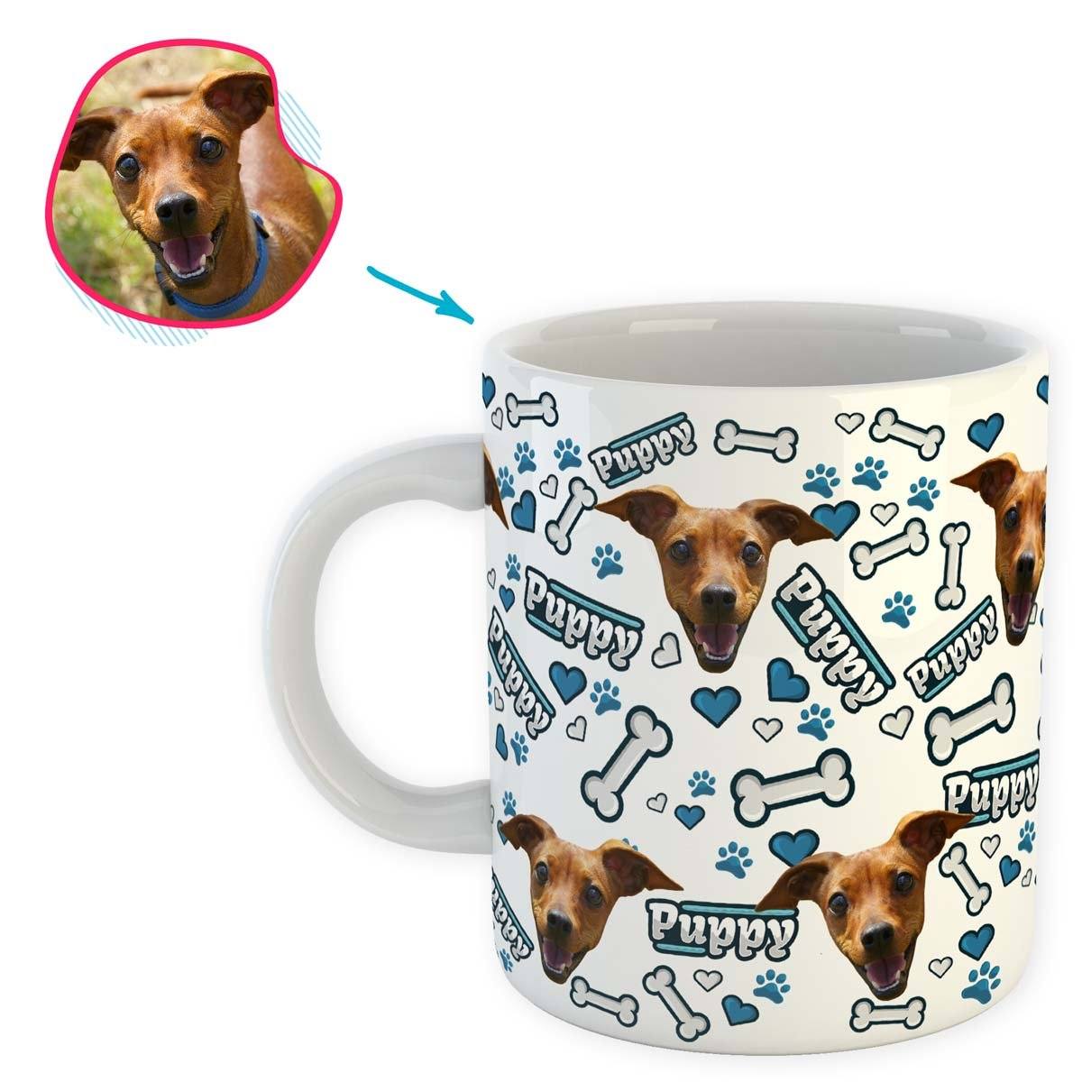 white Puppy mug personalized with photo of face printed on it