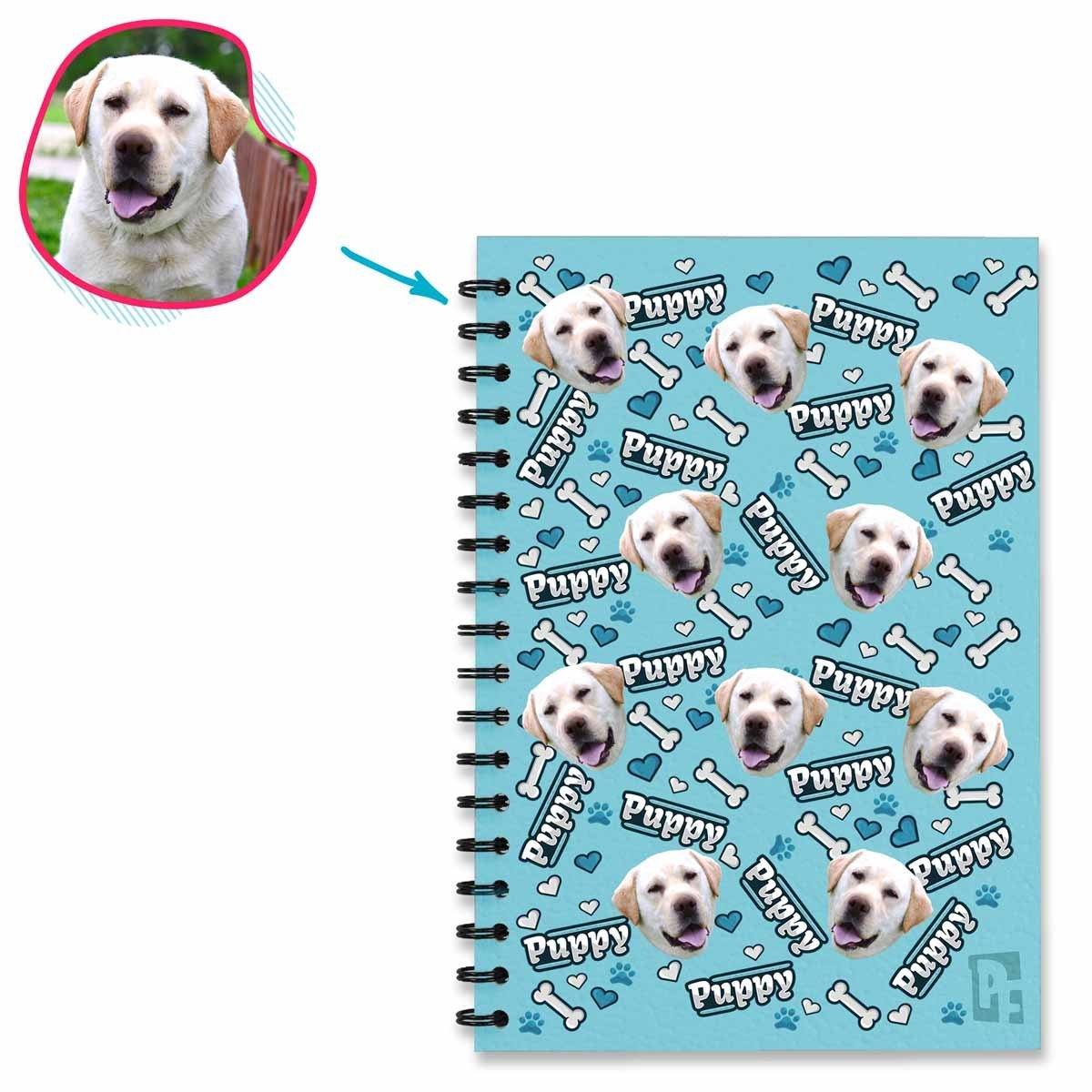 blue Puppy Notebook personalized with photo of face printed on them