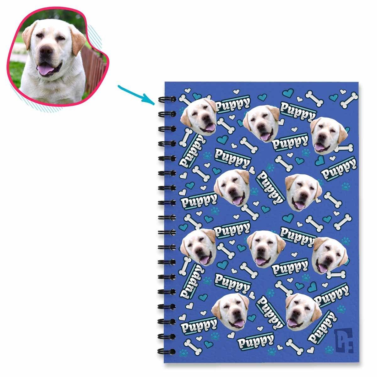 darkblue Puppy Notebook personalized with photo of face printed on them