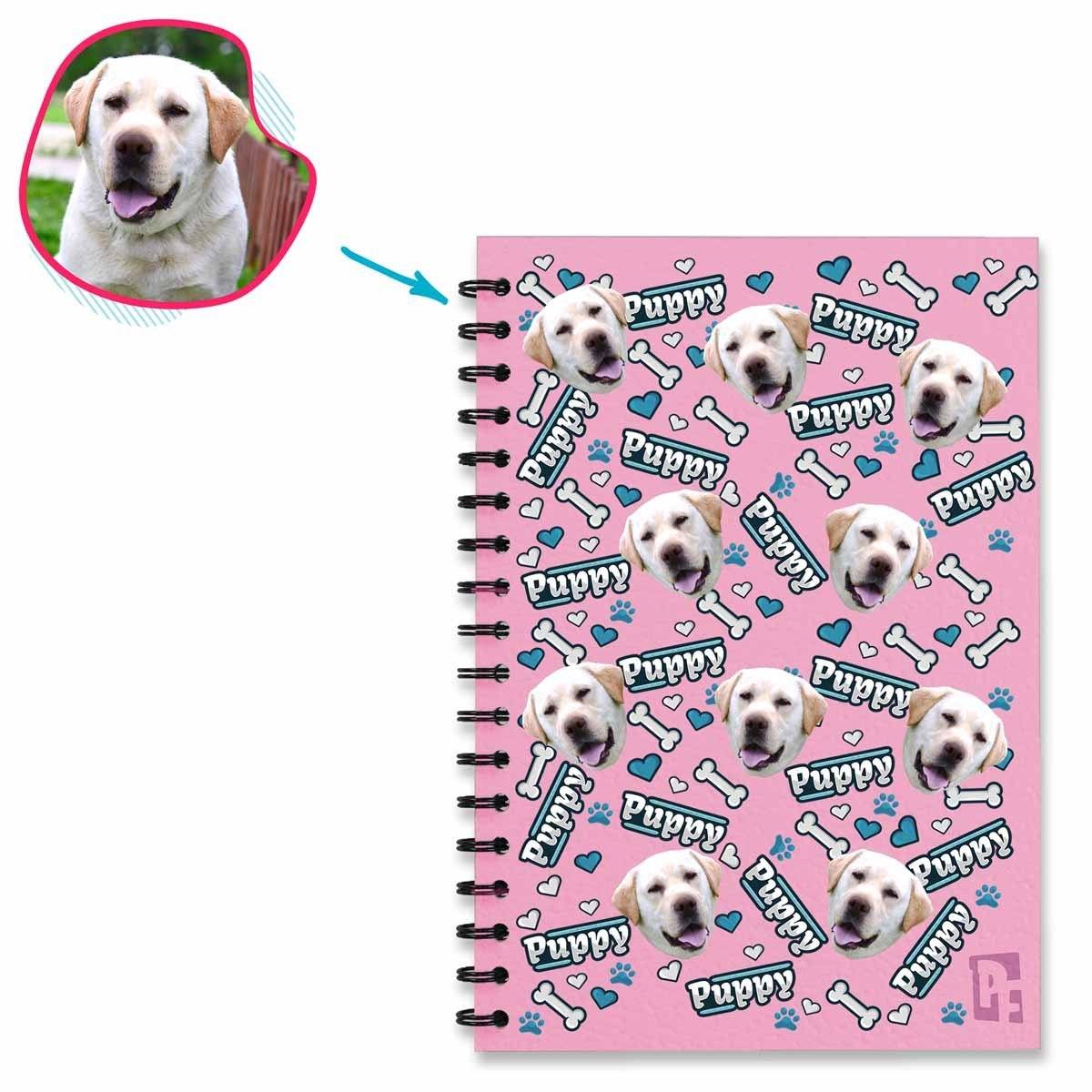 pink Puppy Notebook personalized with photo of face printed on them