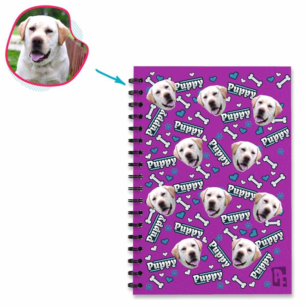 purple Puppy Notebook personalized with photo of face printed on them