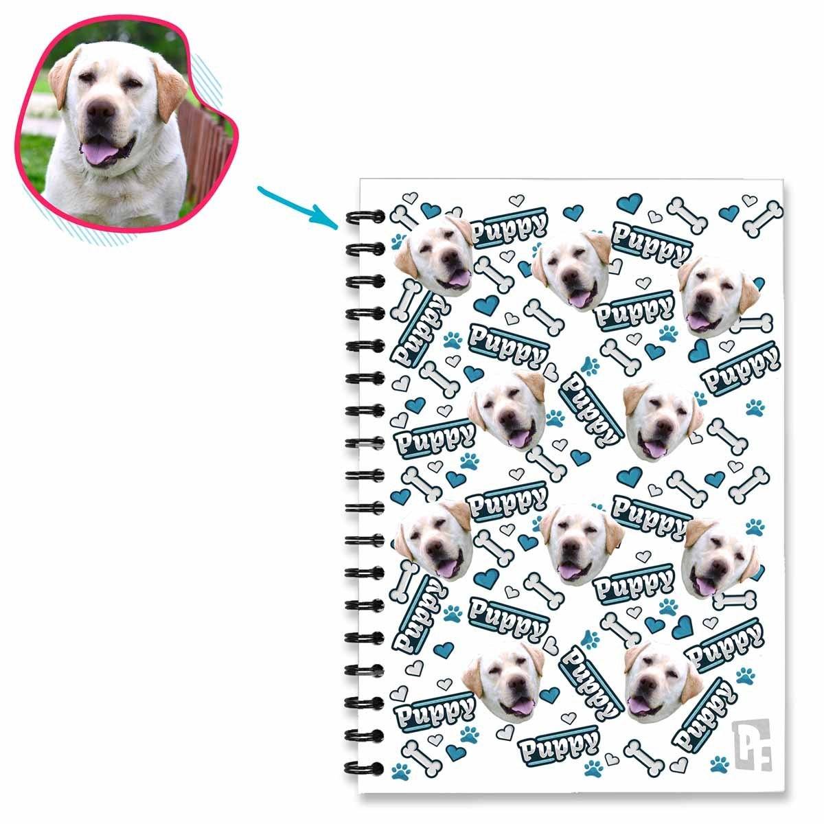 white Puppy Notebook personalized with photo of face printed on them