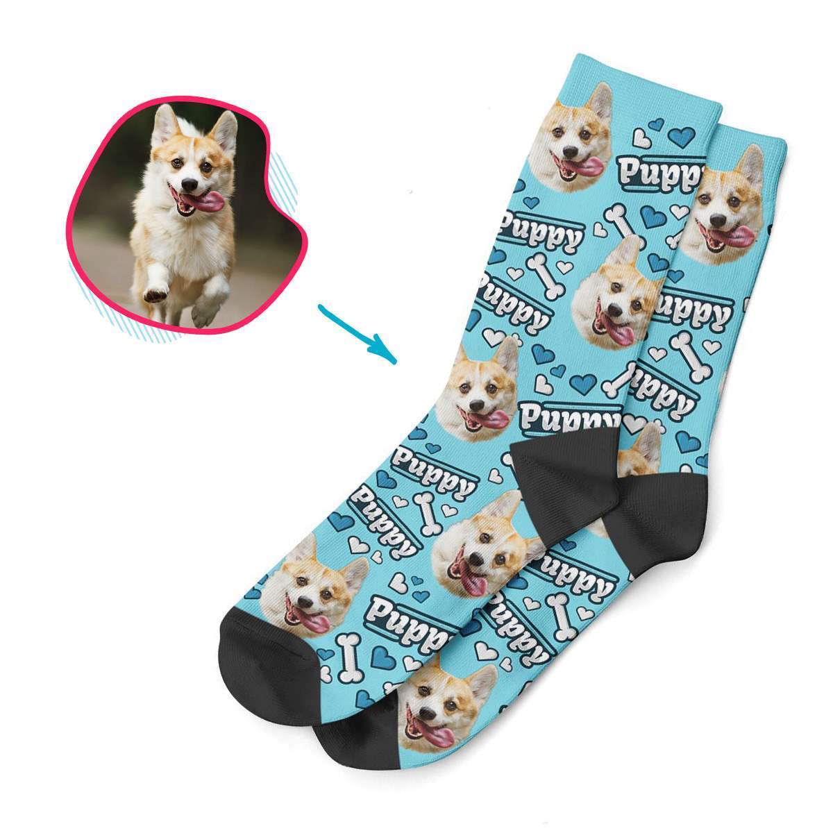 blue Puppy socks personalized with photo of face printed on them