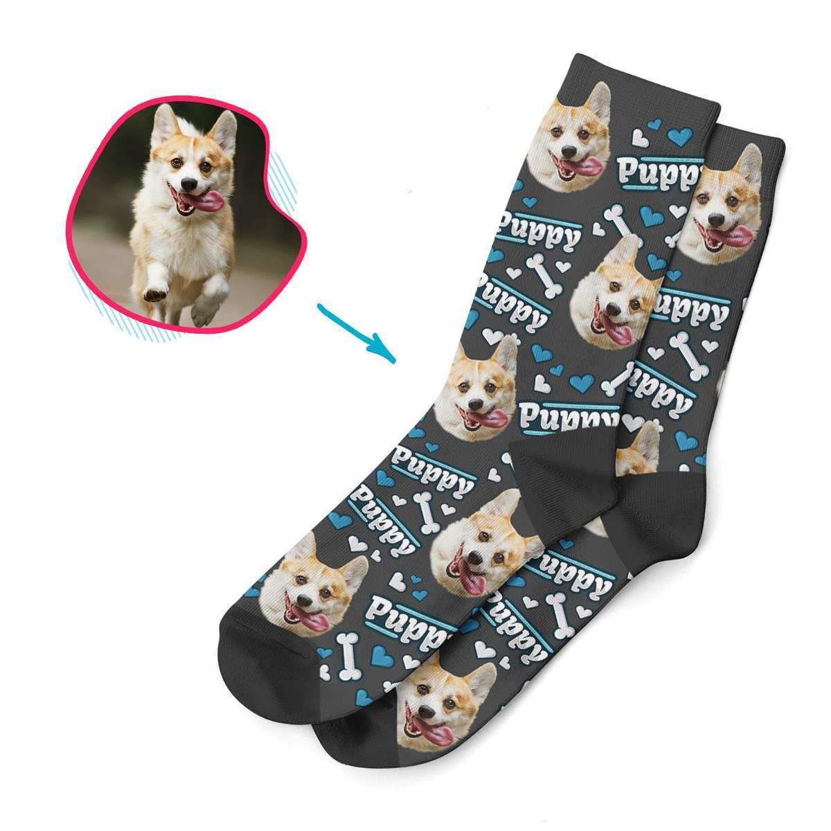 dark Puppy socks personalized with photo of face printed on them
